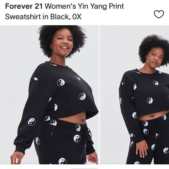 Forever 21 (0X/12/L) Black Yin-Yang Cropped Crewneck Sweatshirt Crop Top - Picture 2 of 11